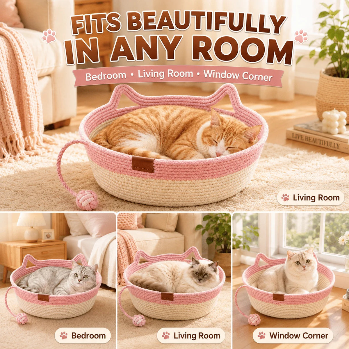 Cotton Rope Cat Bed With Hanging Toy And Washable Nest