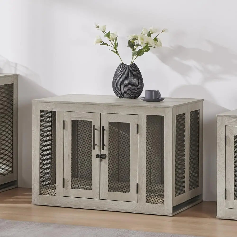 Stylish Wooden Dog Crate With Comfortable Cushion And Ventilated Tray