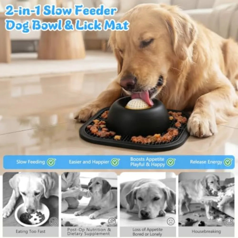 Anti-Slip Slow Feeder Bowl With Interactive Ball And Lick Mat