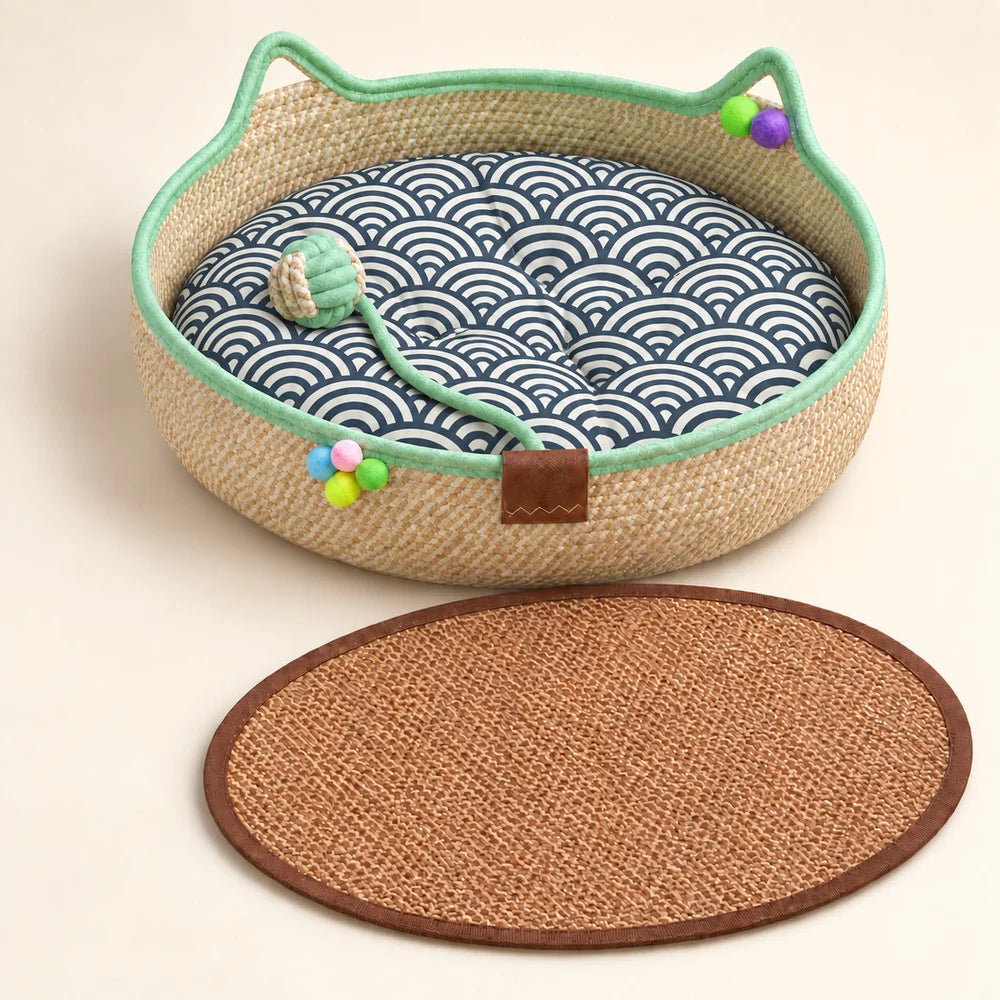 Woven Cat Bed With Cozy Ear Design For Indoor Cats