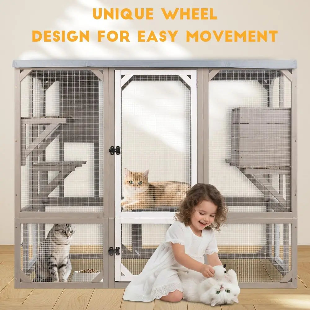 Weatherproof Outdoor Cat Catio With Elevated Platforms And Cozy Shelter
