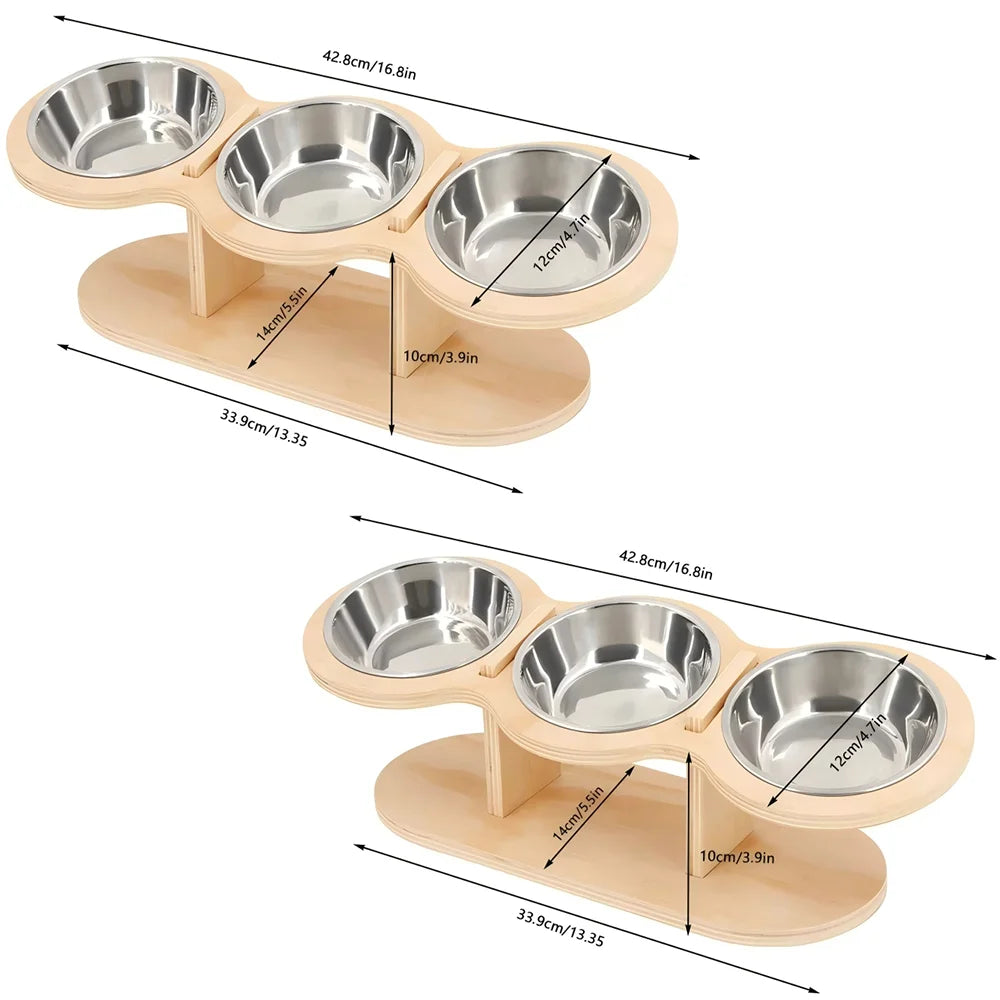 Raised Cat Feeder With Three Stainless Steel Bowls And Silicone Mat