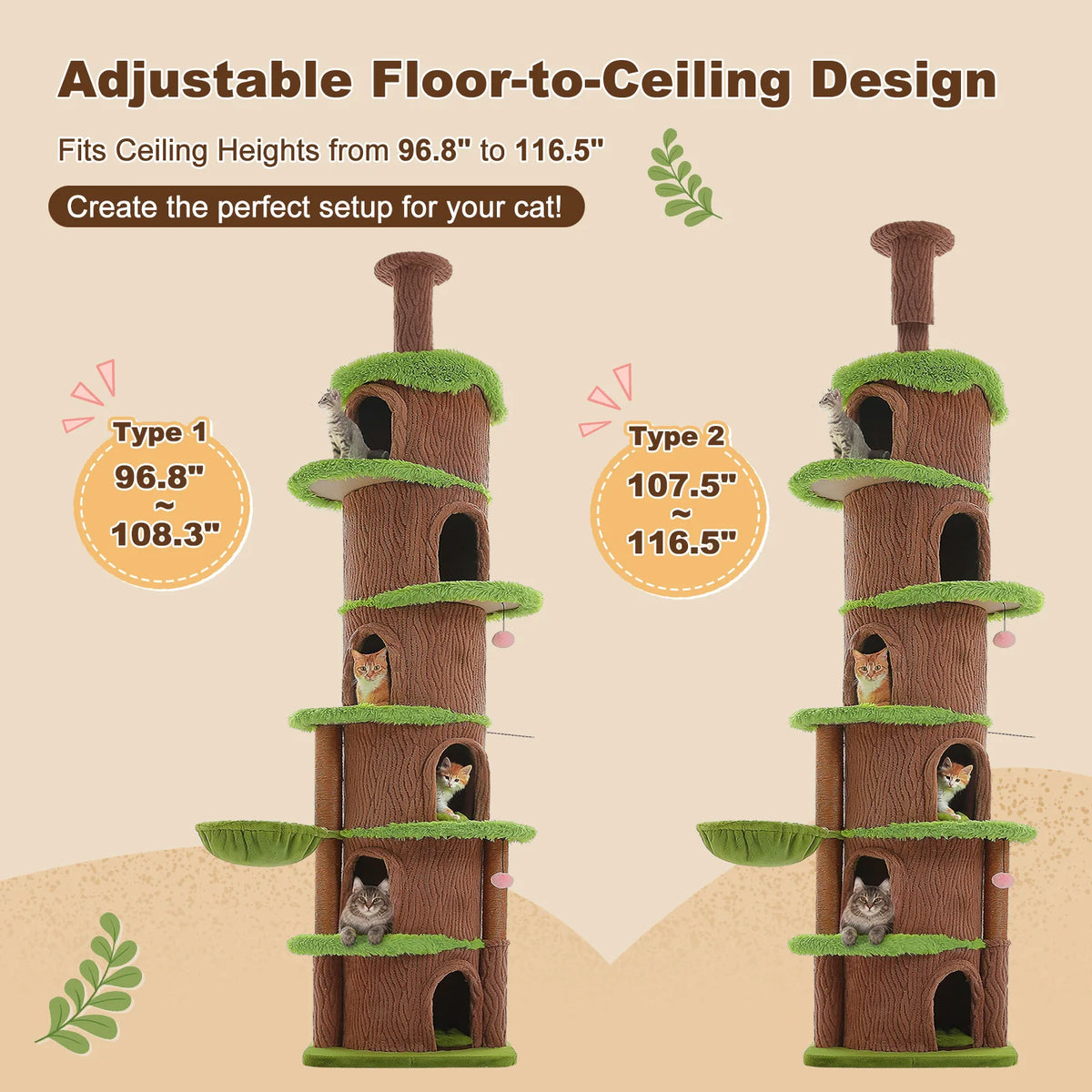 PAWZ Road Adjustable Floor To Ceiling Cat Tree With Hammock