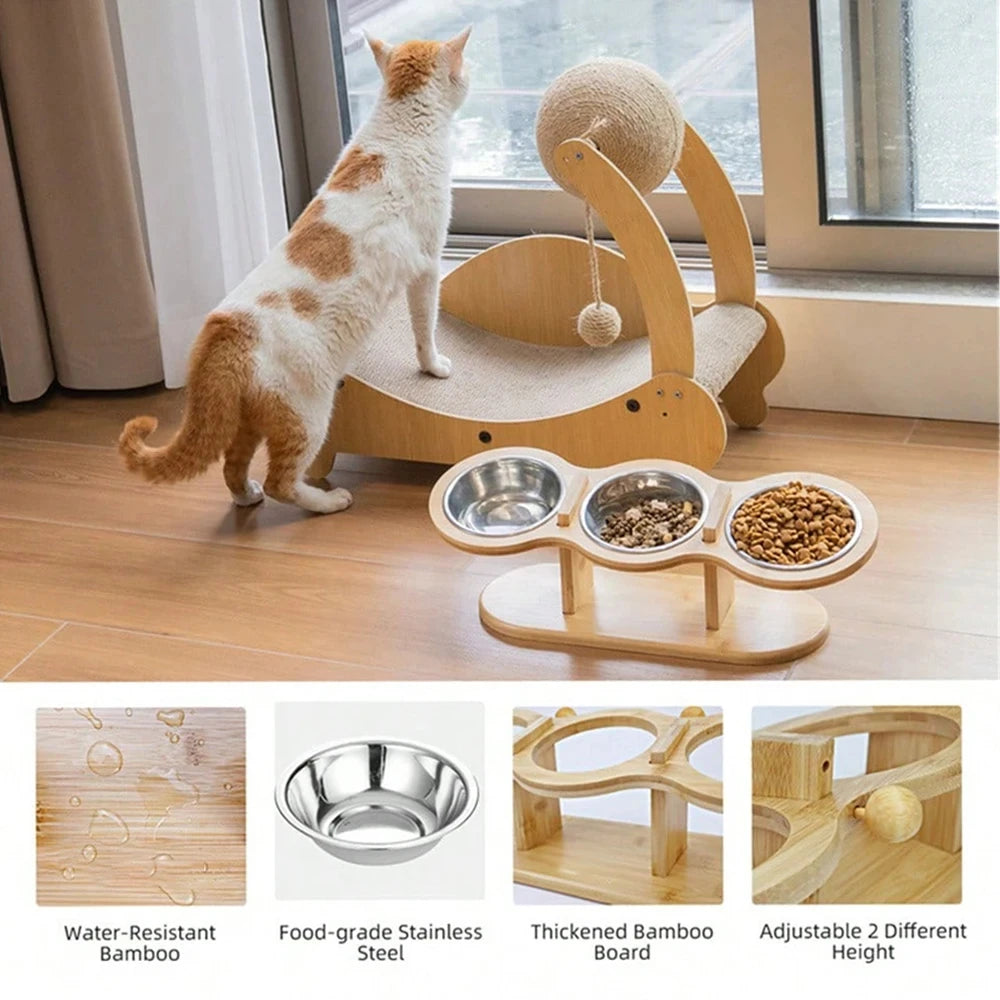 Raised Cat Feeder With Three Stainless Steel Bowls And Silicone Mat