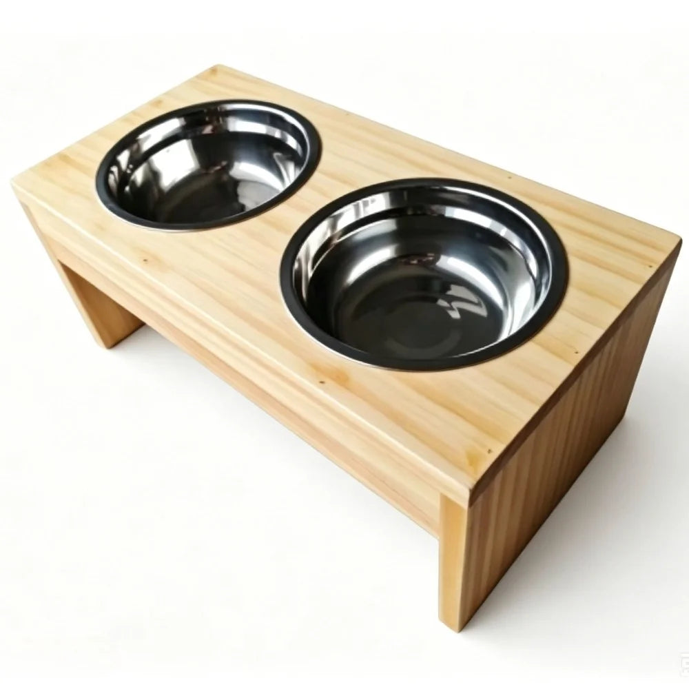 Wooden Elevated Dog Feeder With Dual Stainless Steel Bowls