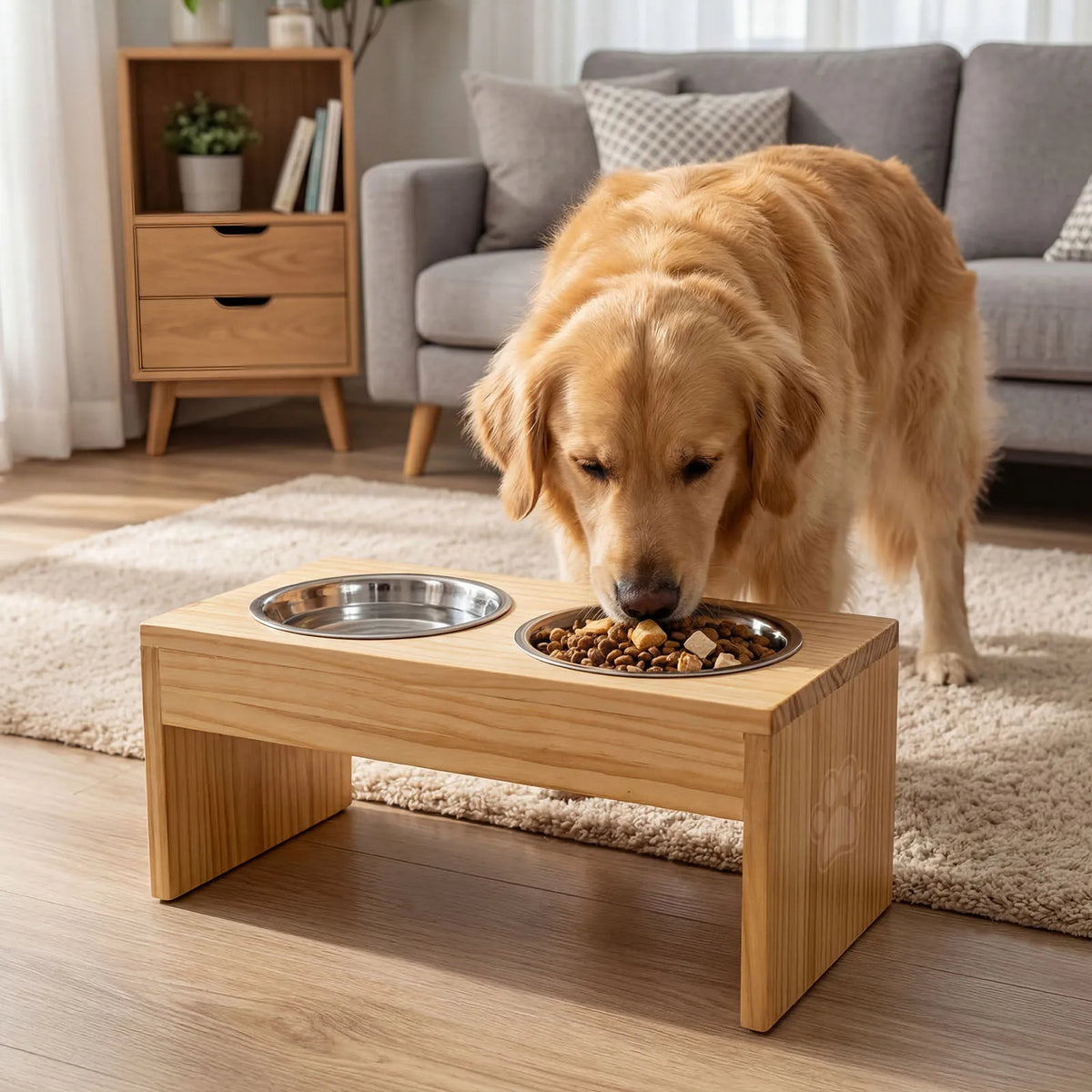 Wooden Elevated Dog Feeder With Dual Stainless Steel Bowls