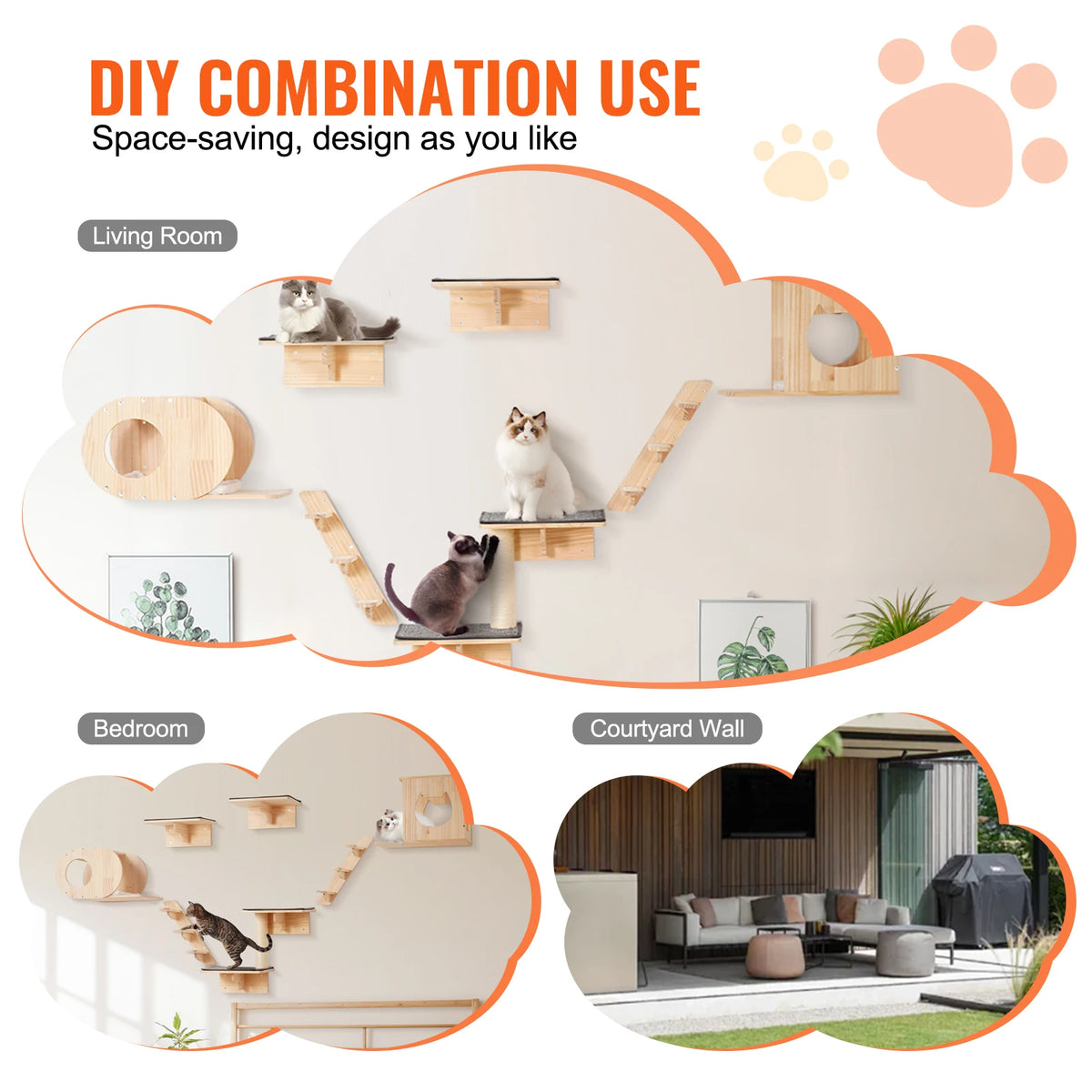 SucceBuy Wall Mounted Cat Shelves With Wooden Hammock And Jumping Board