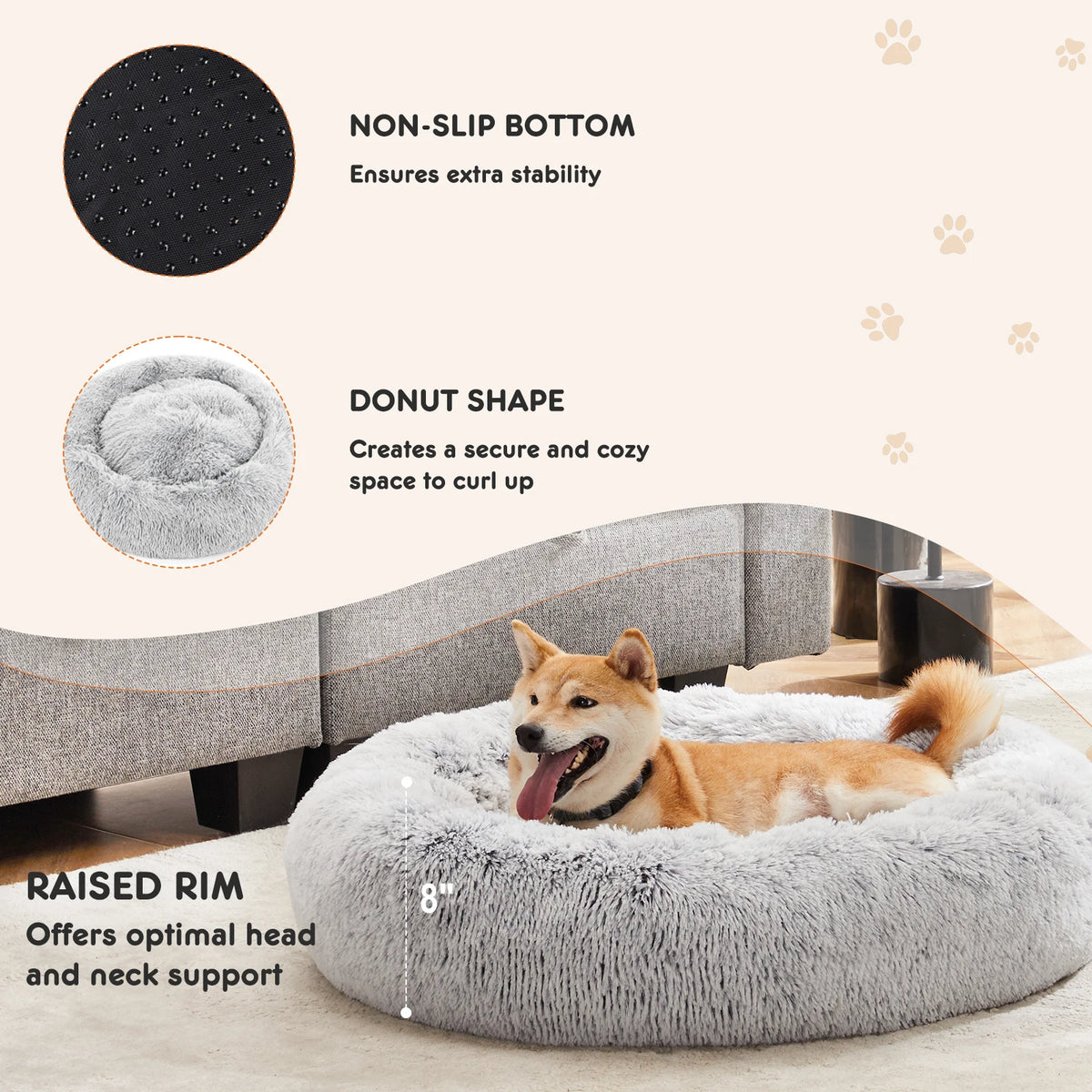 JHK Round Plush Faux Fur Calming Soft Washable Dog Bed