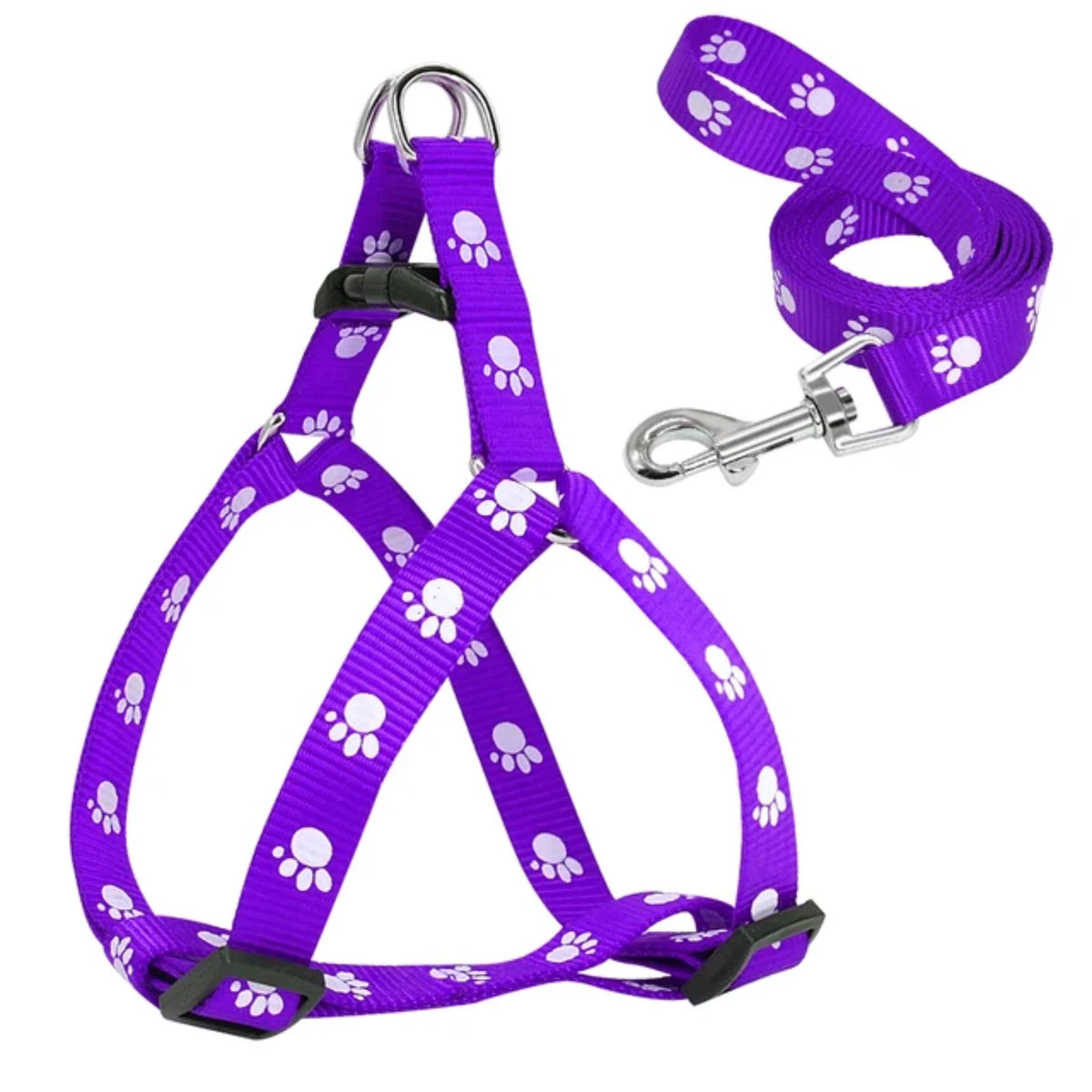 Adjustable Nylon Dog Harness And Leash Set With Paw Print