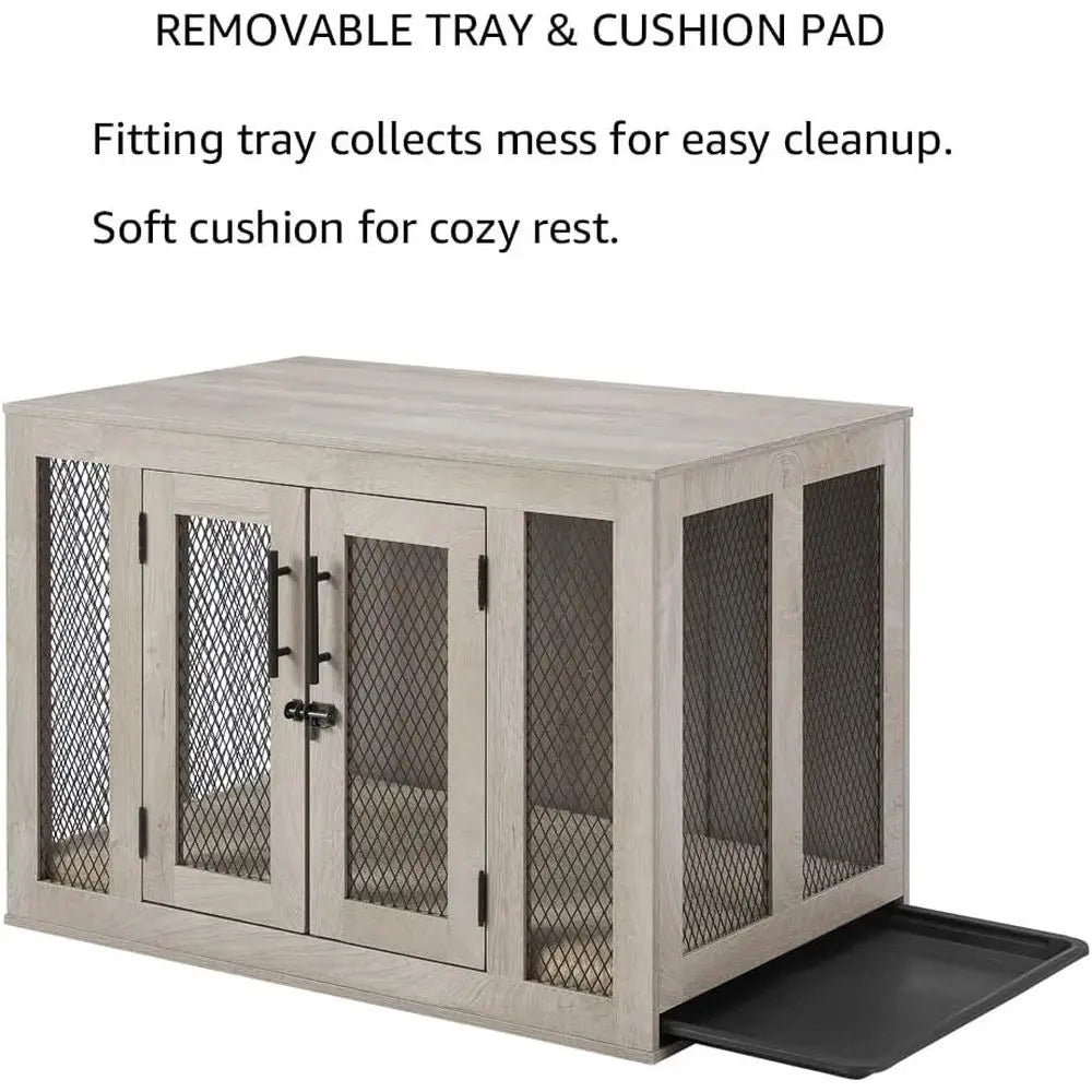 Stylish Wooden Dog Crate With Comfortable Cushion And Ventilated Tray