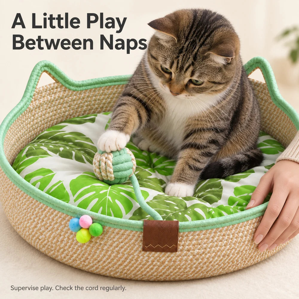 Woven Cat Bed With Cozy Ear Design For Indoor Cats