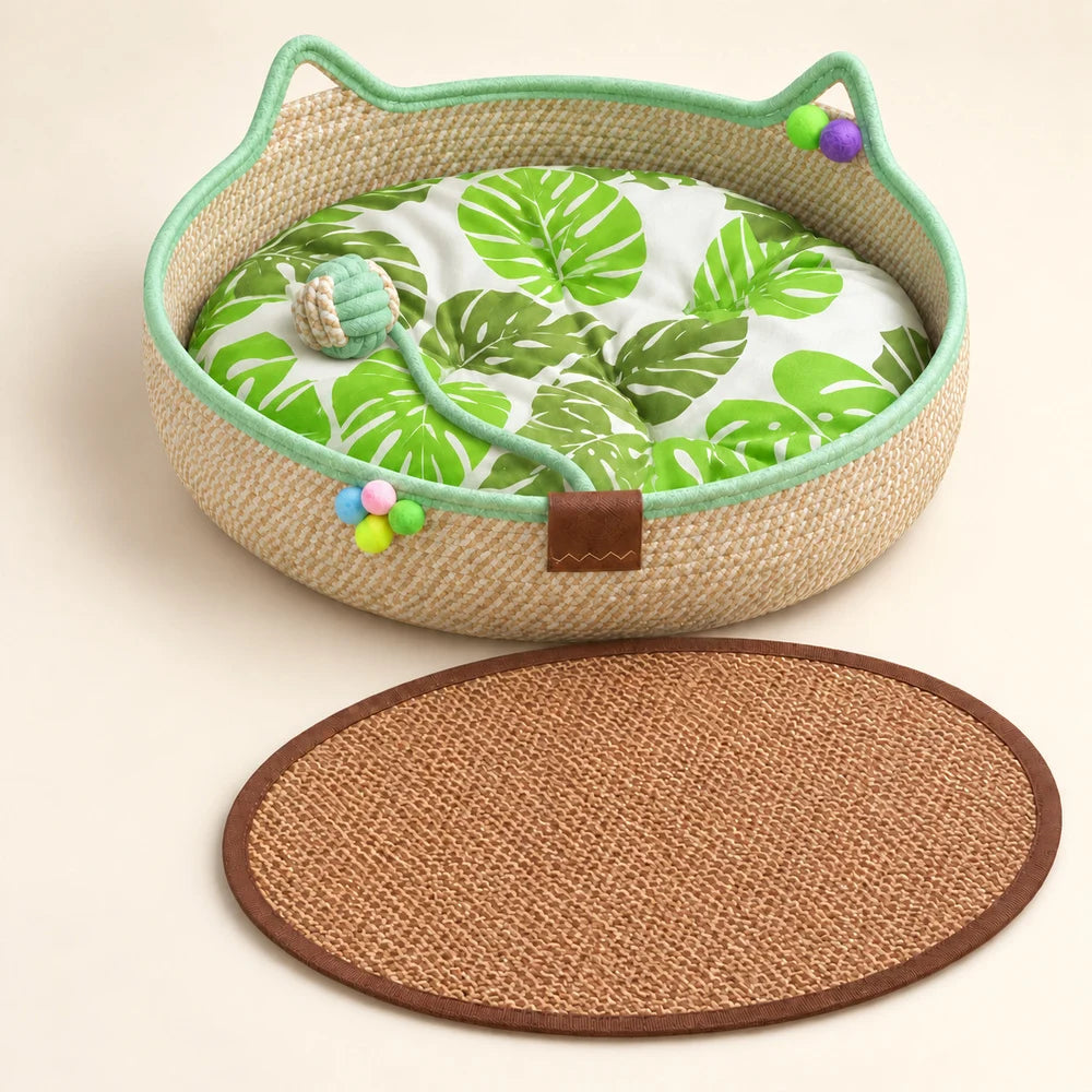 Woven Cat Bed With Cozy Ear Design For Indoor Cats