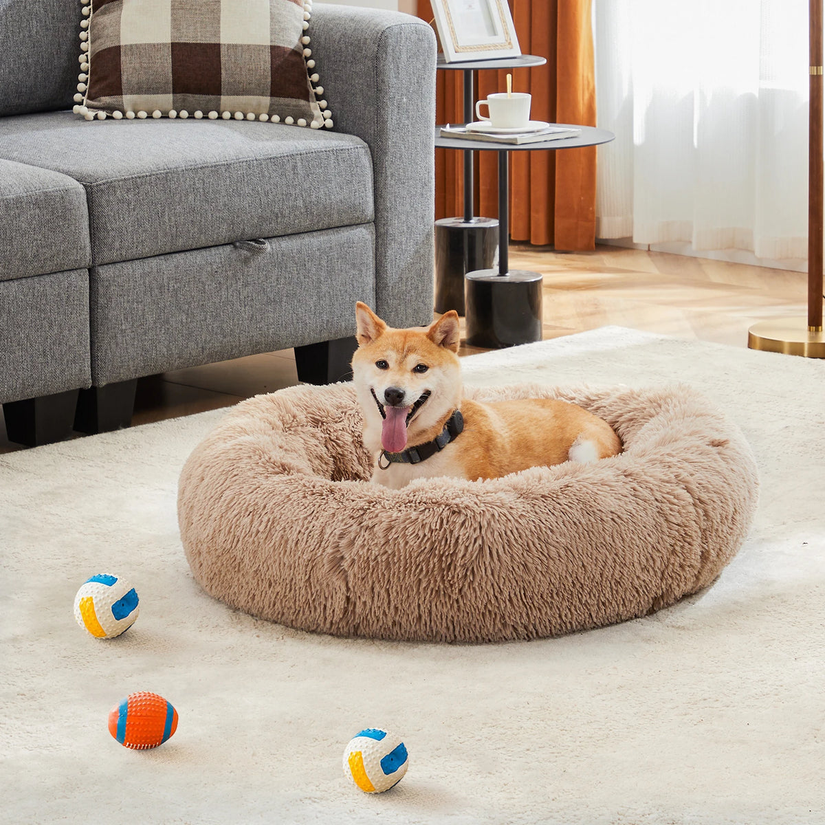 JHK Round Plush Faux Fur Calming Soft Washable Dog Bed