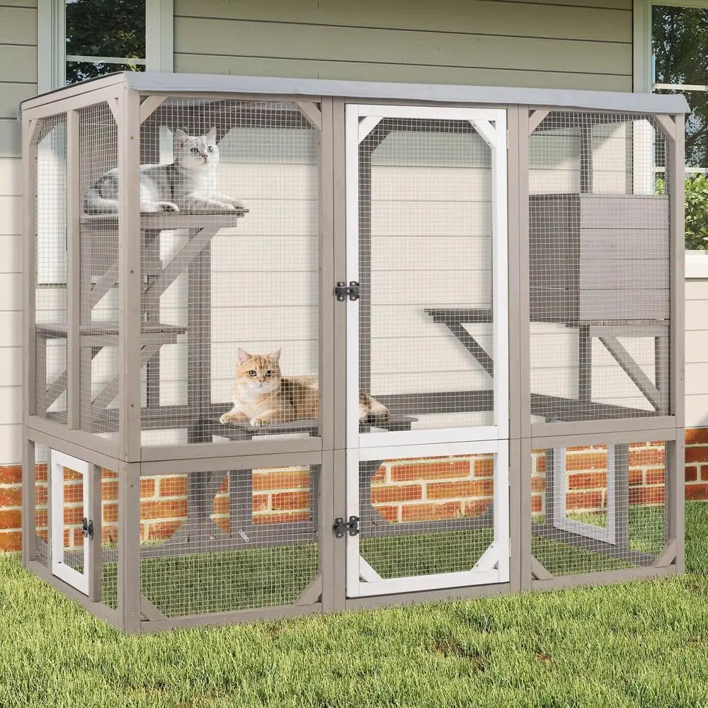 Weatherproof Outdoor Cat Catio With Elevated Platforms And Cozy Shelter