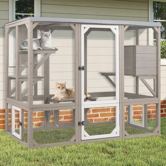 Weatherproof Outdoor Cat Catio With Elevated Platforms And Cozy Shelter