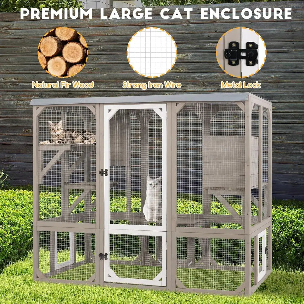 Weatherproof Outdoor Cat Catio With Elevated Platforms And Cozy Shelter