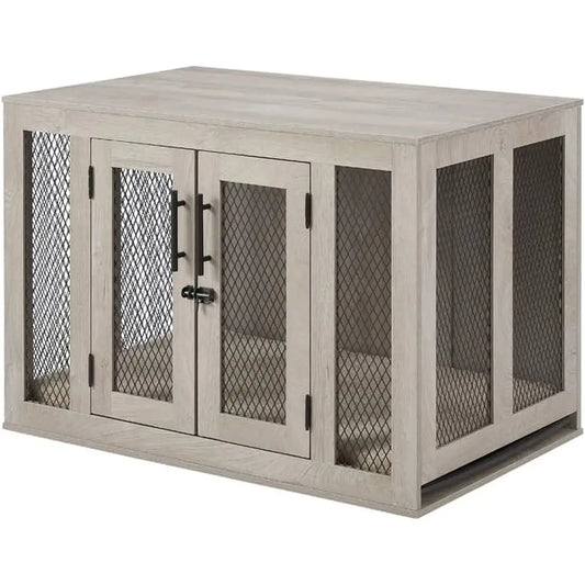Stylish Wooden Dog Crate With Comfortable Cushion And Ventilated Tray