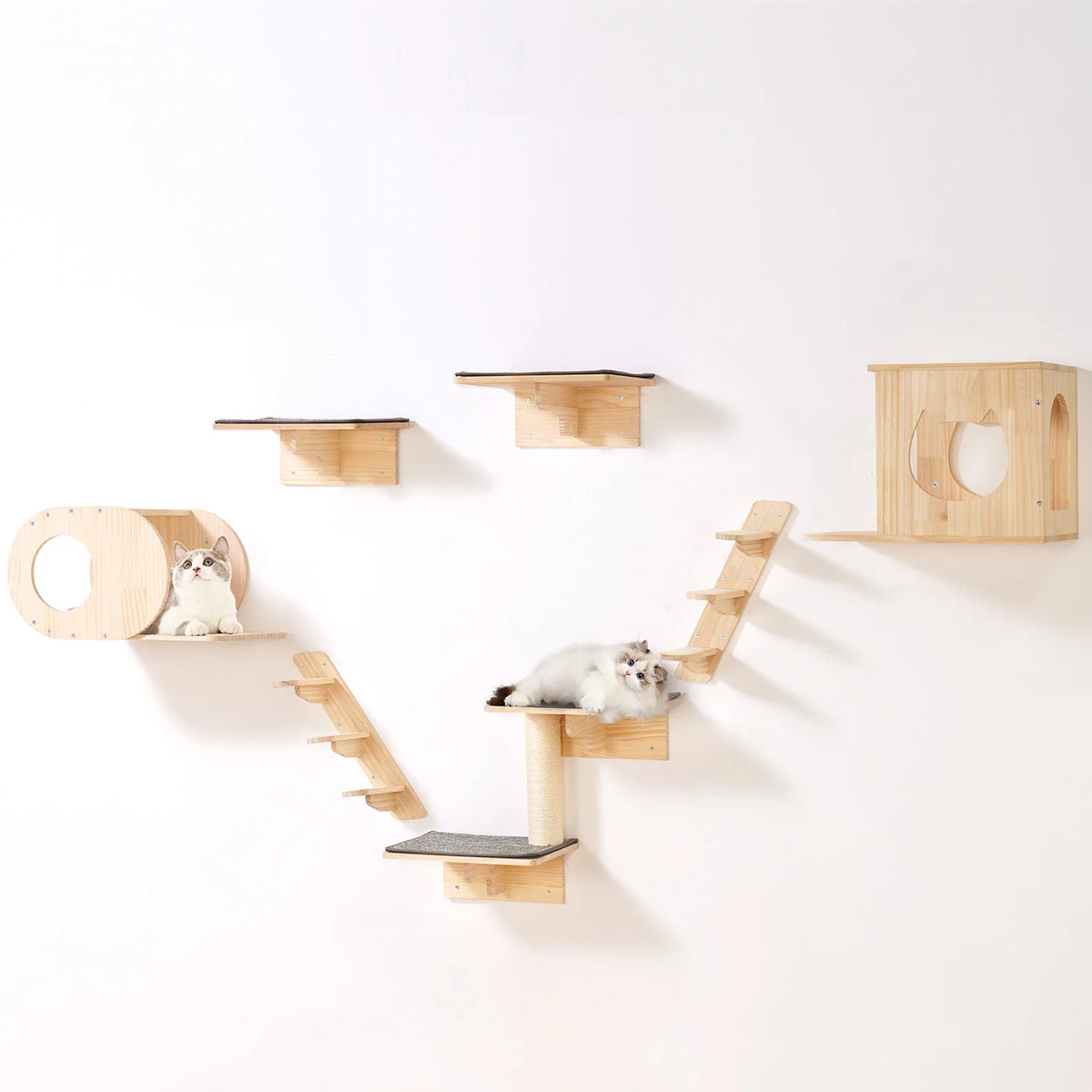 SucceBuy Wall Mounted Cat Shelves With Wooden Hammock And Jumping Board