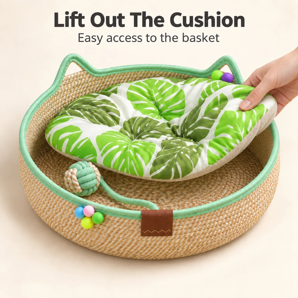 Woven Cat Bed With Cozy Ear Design For Indoor Cats