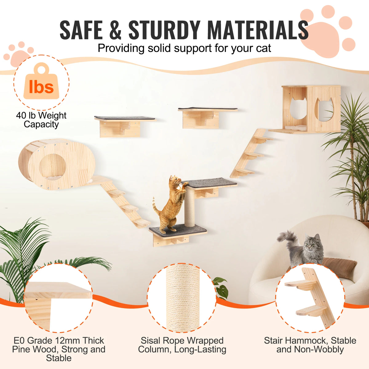 SucceBuy Wall Mounted Cat Shelves With Wooden Hammock And Jumping Board