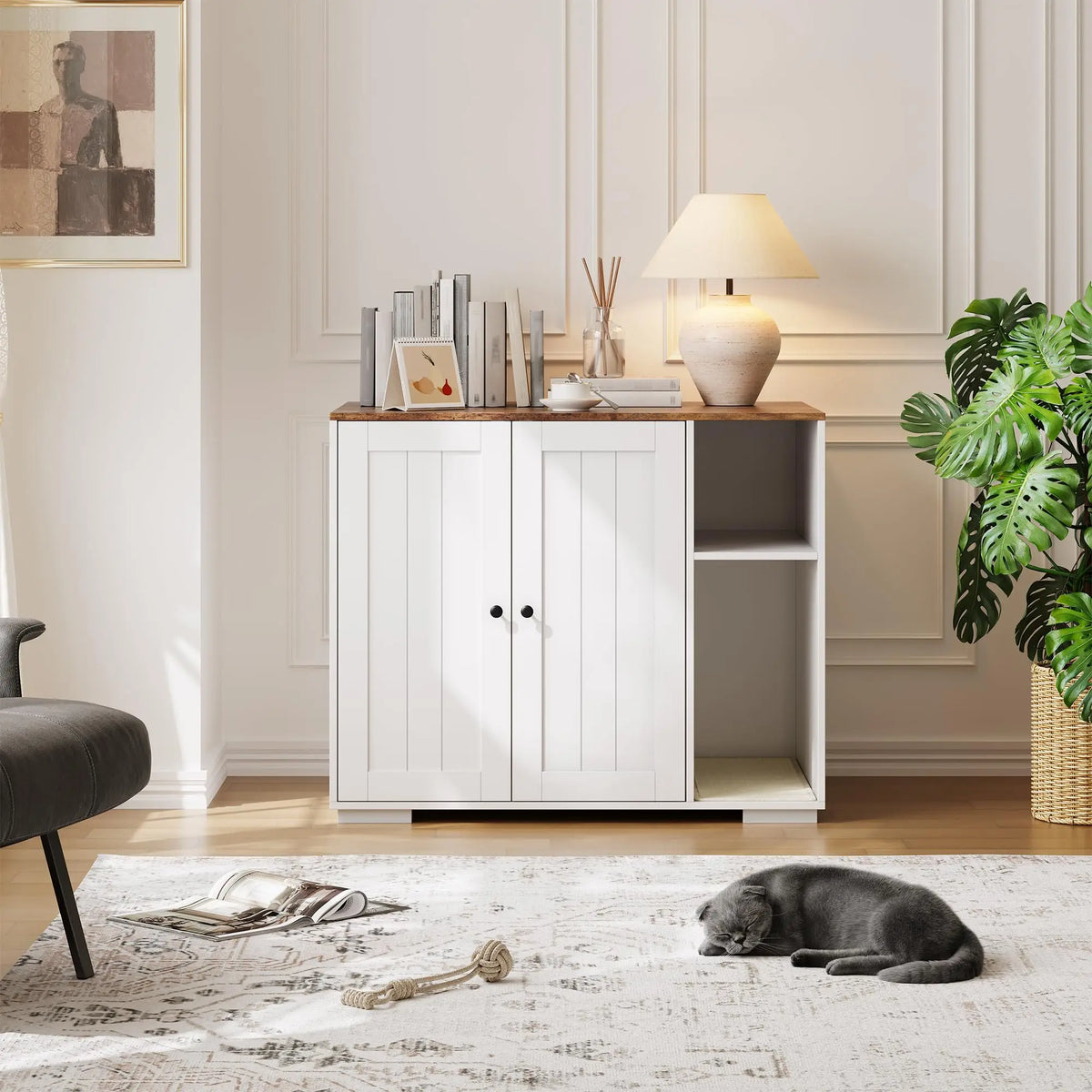 HiMiss Cat Litter Enclosure With Integrated Power Outlet Shelf