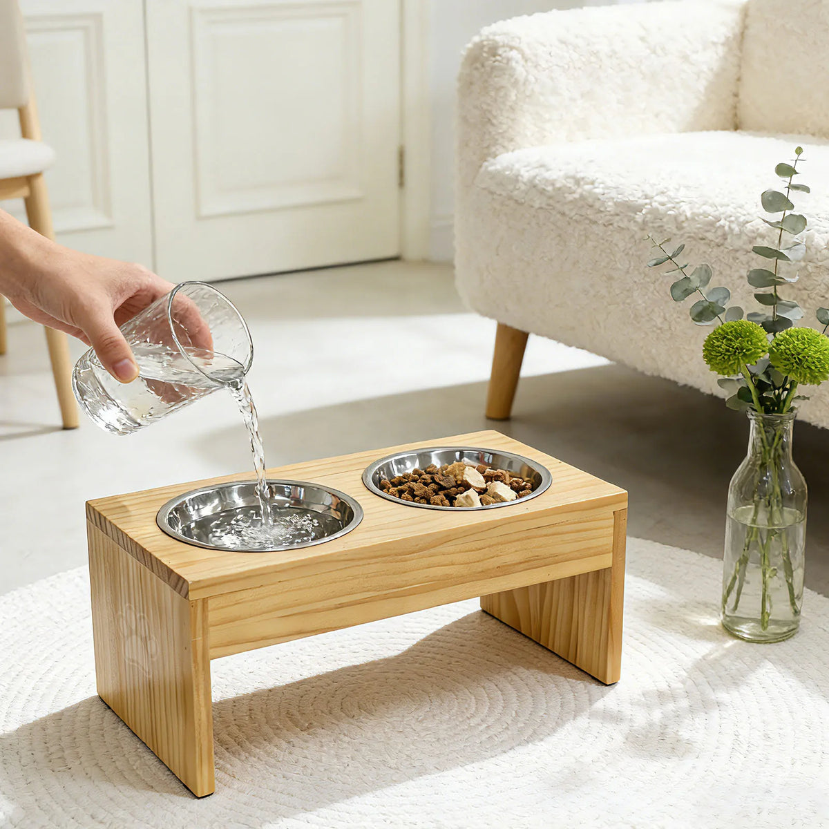 Wooden Elevated Dog Feeder With Dual Stainless Steel Bowls