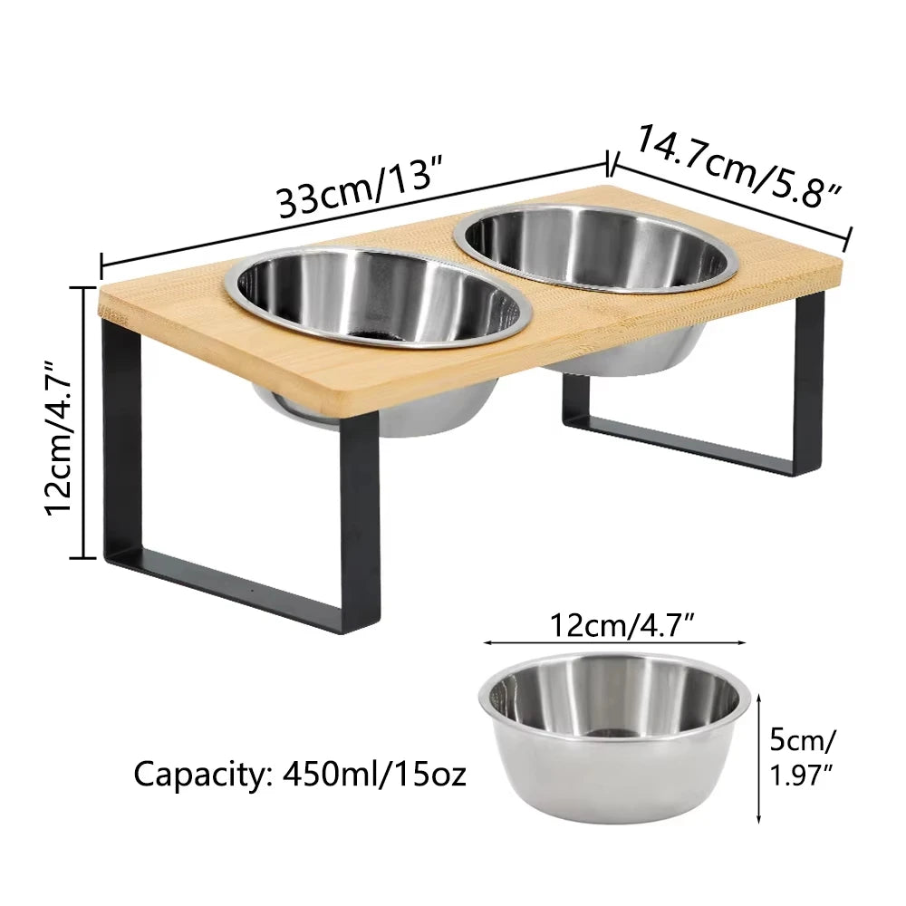 Elevated Tilted Cat Bowl Wooden Stand Stainless Steel Basin