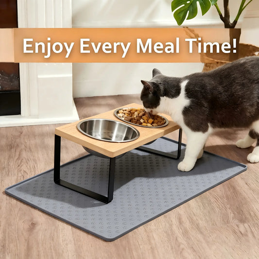 Elevated Tilted Cat Bowl Wooden Stand Stainless Steel Basin