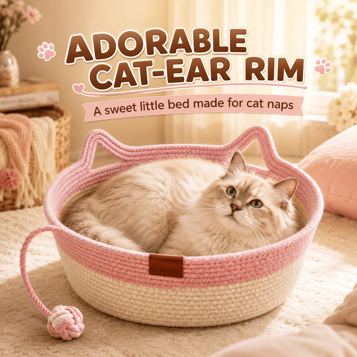 Cotton Rope Cat Bed With Hanging Toy And Washable Nest