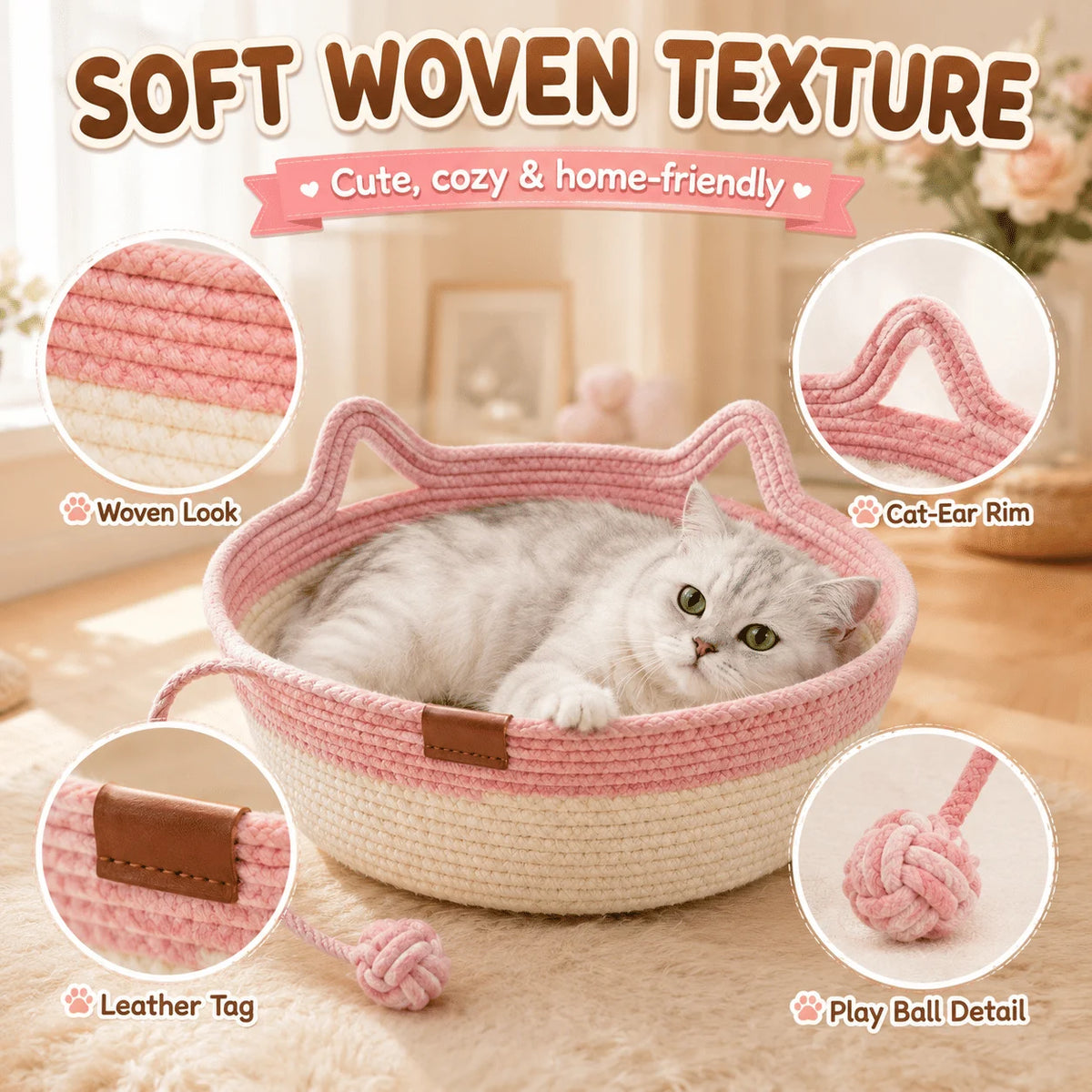 Cotton Rope Cat Bed With Hanging Toy And Washable Nest