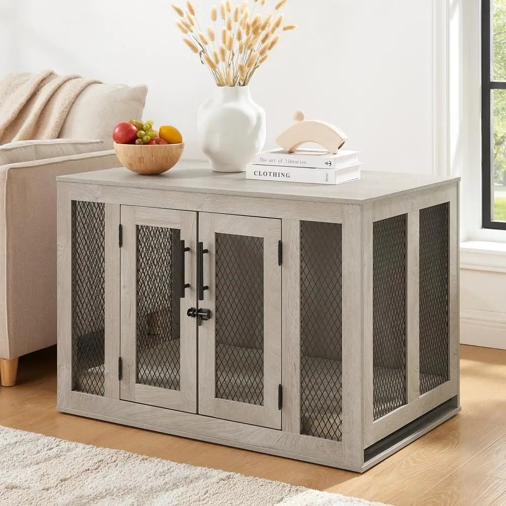 Stylish Wooden Dog Crate With Comfortable Cushion And Ventilated Tray
