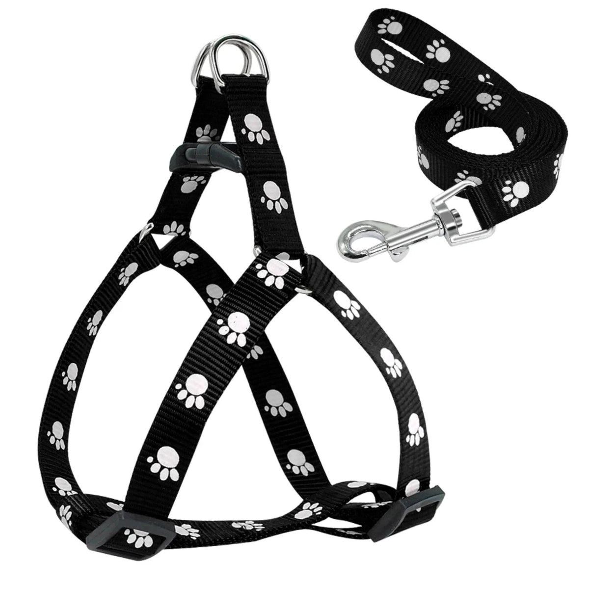 Adjustable Nylon Dog Harness And Leash Set With Paw Print