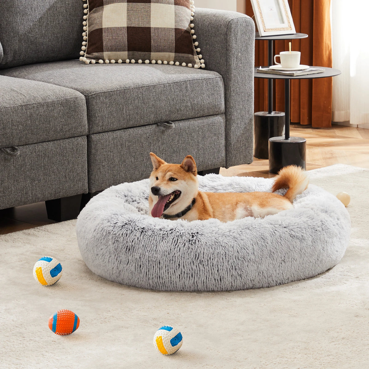 JHK Round Plush Faux Fur Calming Soft Washable Dog Bed