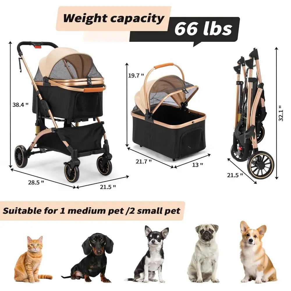 Four Wheel Pet Stroller With Shock Absorbers And Brakes