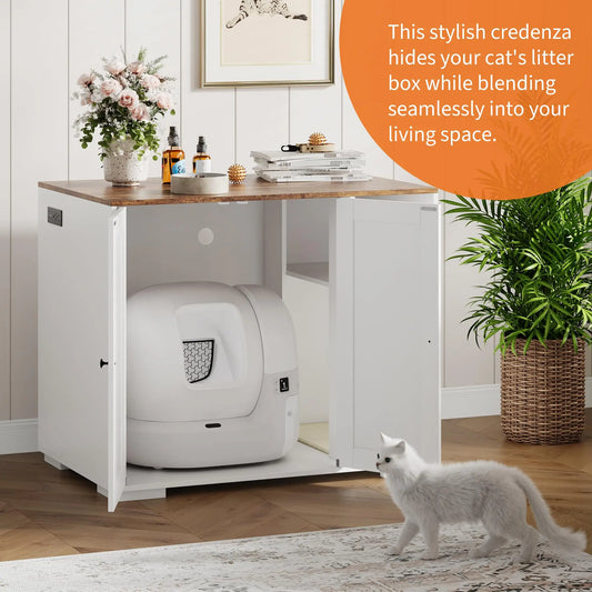 HiMiss Cat Litter Enclosure With Integrated Power Outlet Shelf