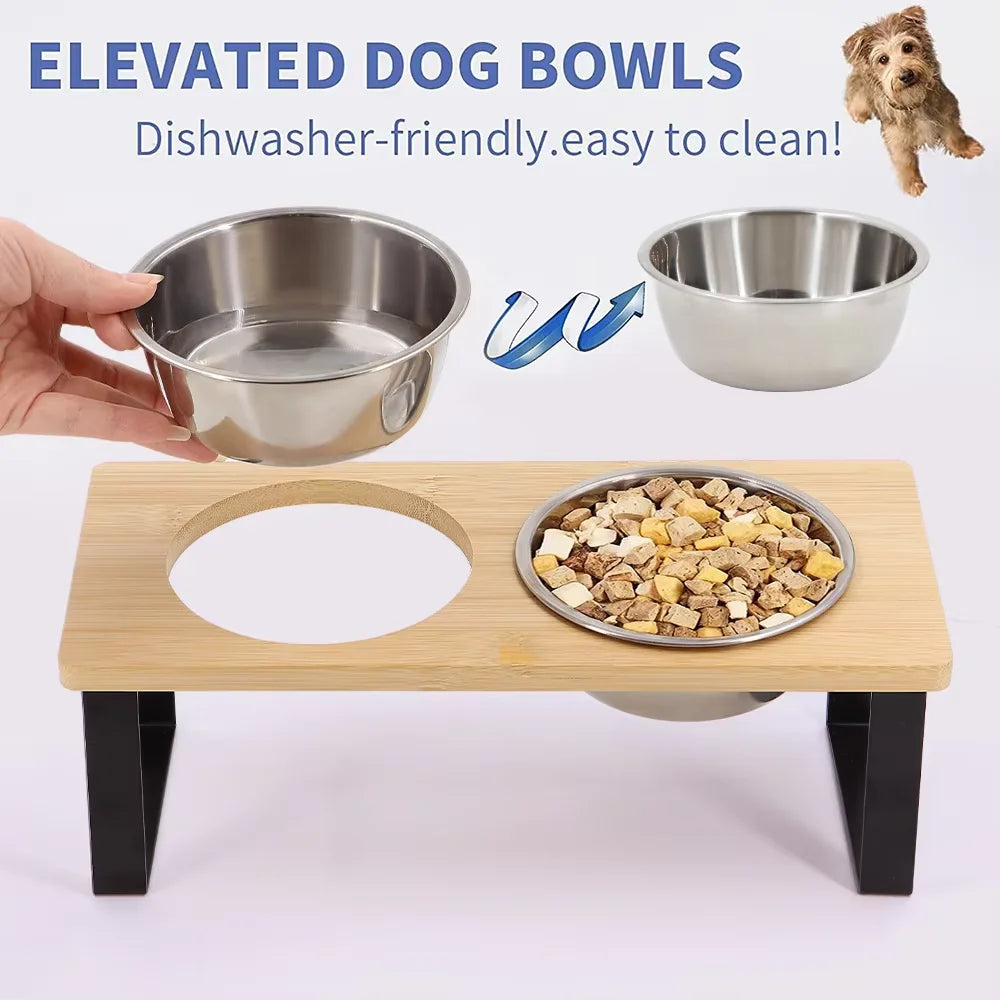 Elevated Tilted Cat Bowl Wooden Stand Stainless Steel Basin