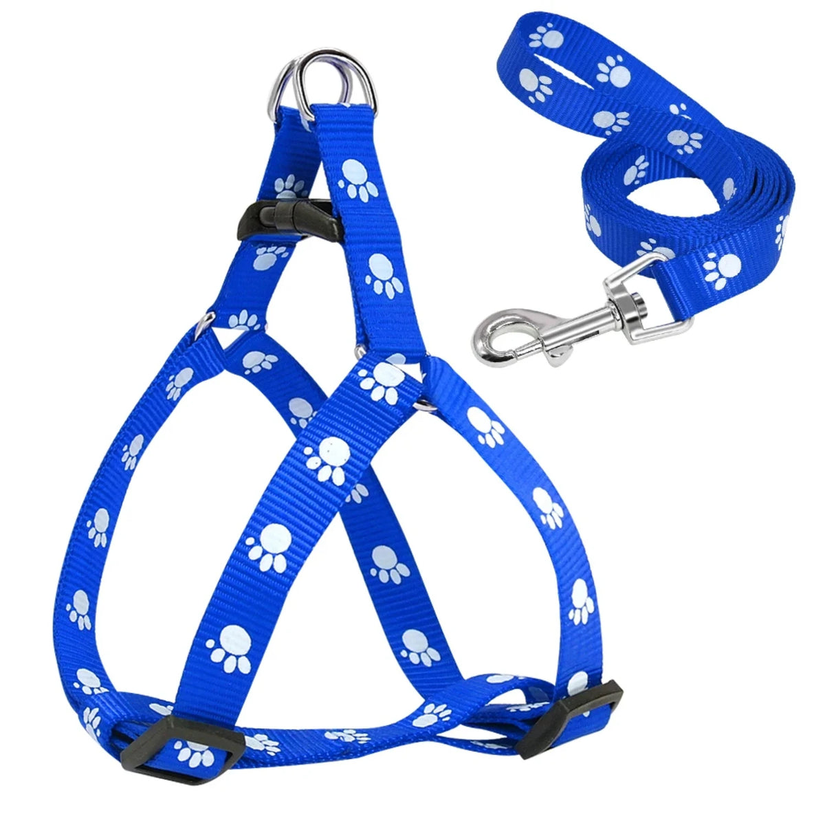 Adjustable Nylon Dog Harness And Leash Set With Paw Print