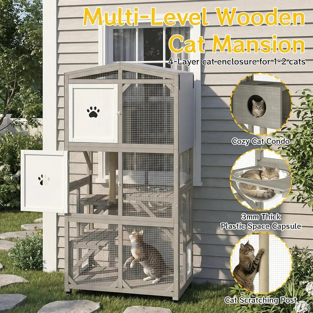 Weather Resistant Outdoor Catio For Cats With Clear Window Panels