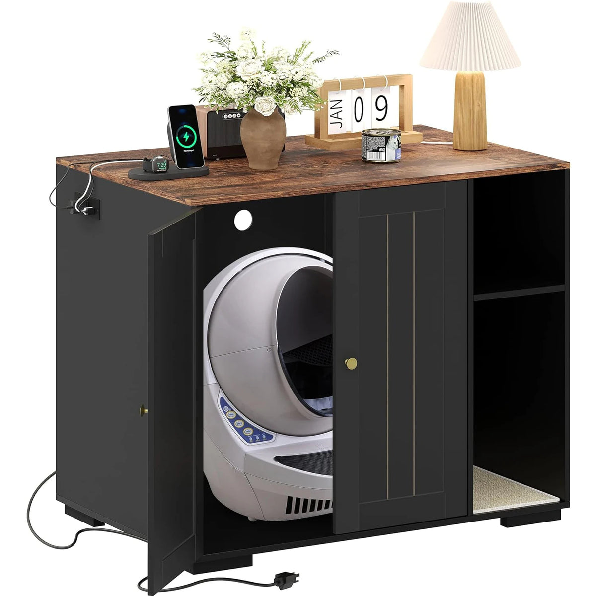 HiMiss Cat Litter Enclosure With Integrated Power Outlet Shelf