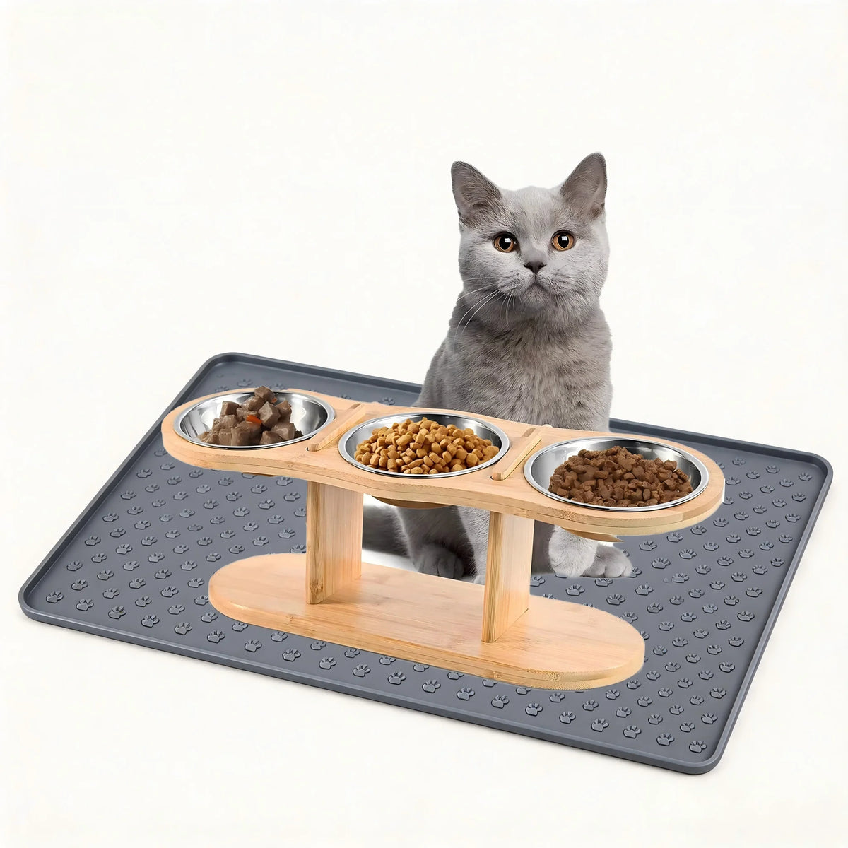 Raised Cat Feeder With Three Stainless Steel Bowls And Silicone Mat