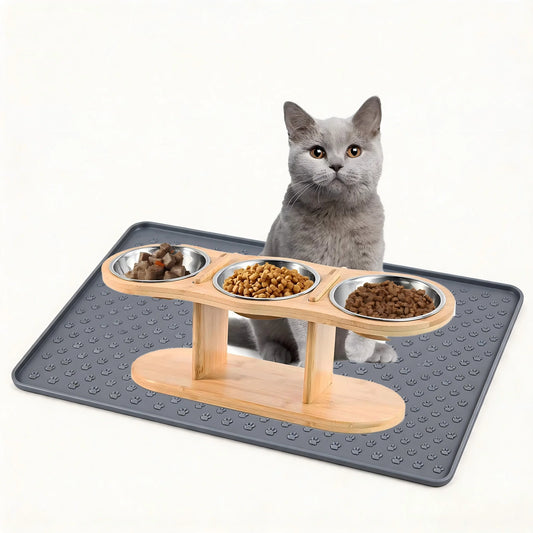 Raised Cat Feeder With Three Stainless Steel Bowls And Silicone Mat