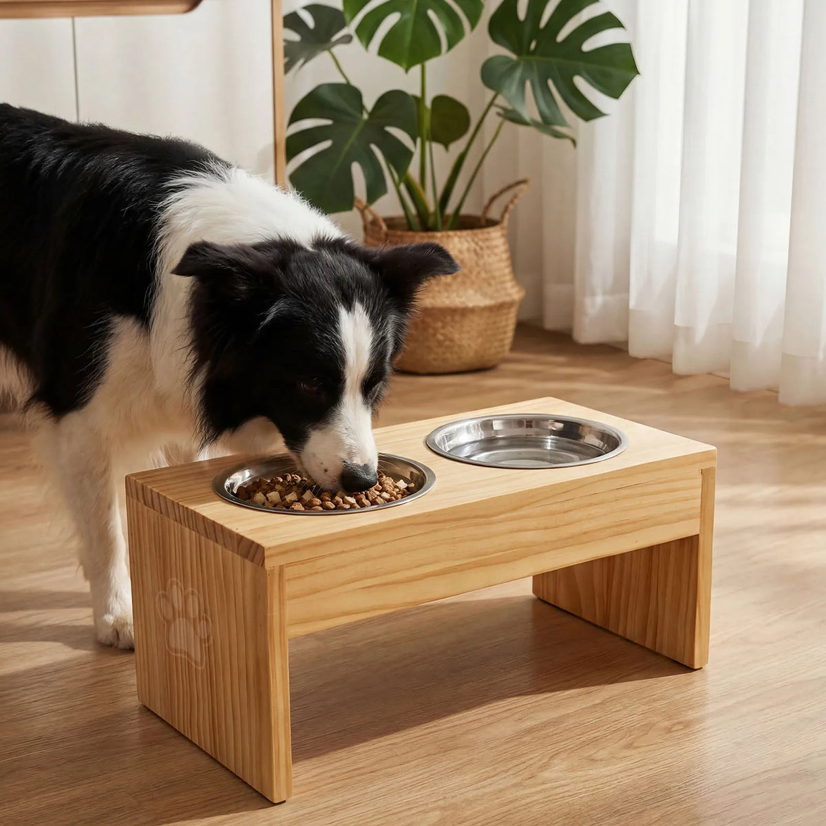 Wooden Elevated Dog Feeder With Dual Stainless Steel Bowls