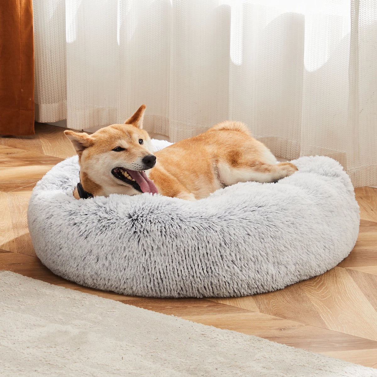JHK Round Plush Faux Fur Calming Soft Washable Dog Bed