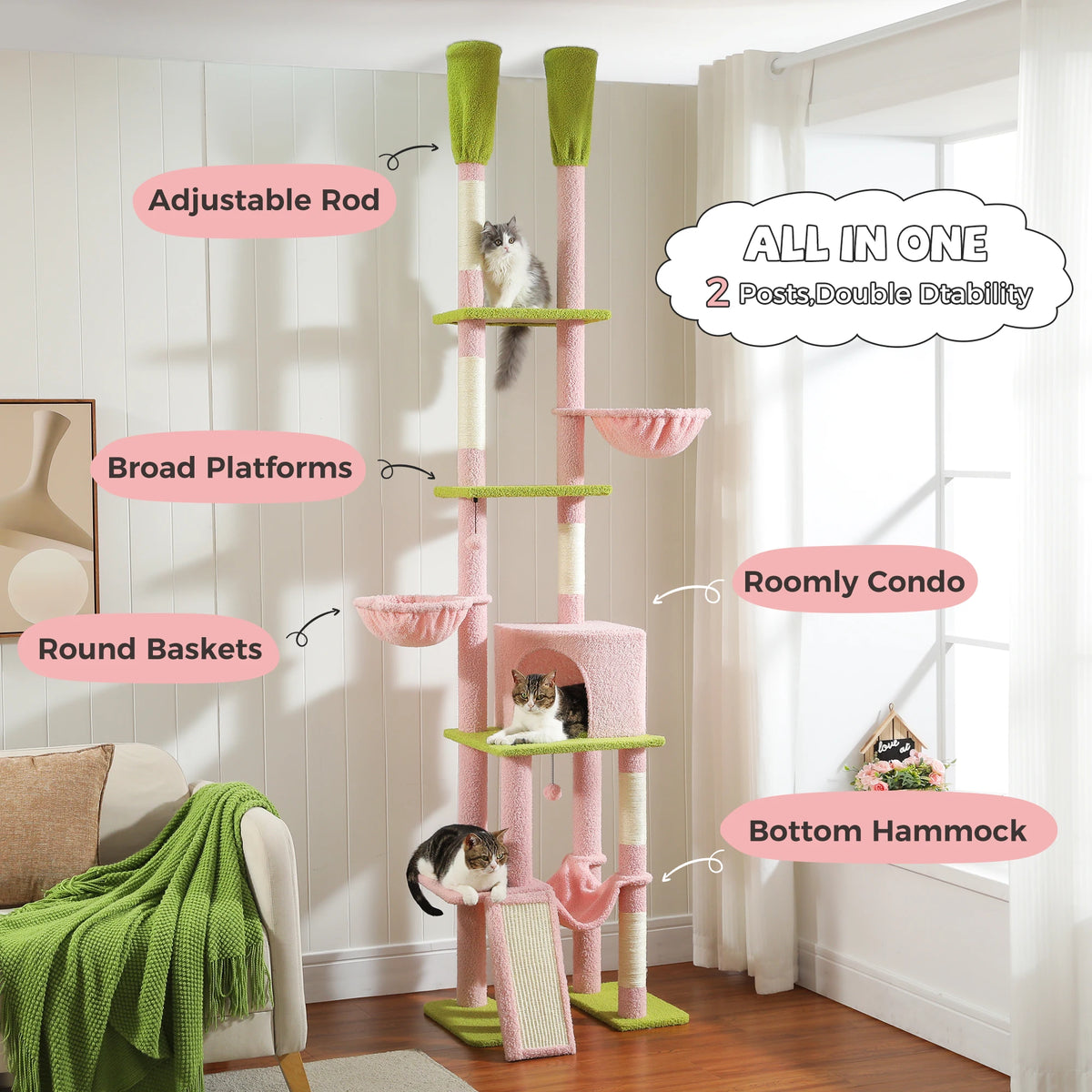 Pequlti Adjustable Height Cat Tower With Sisal Post And Hammock