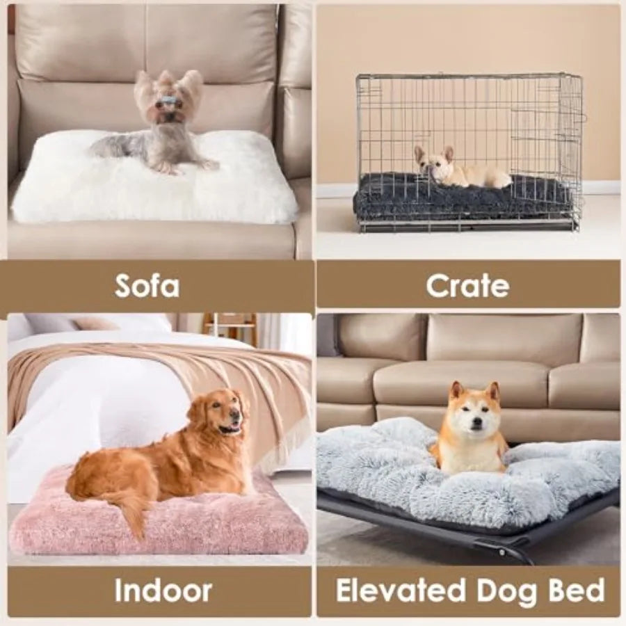 Plush Faux Fur Dog Crate Bed With Washable Soft Cushion