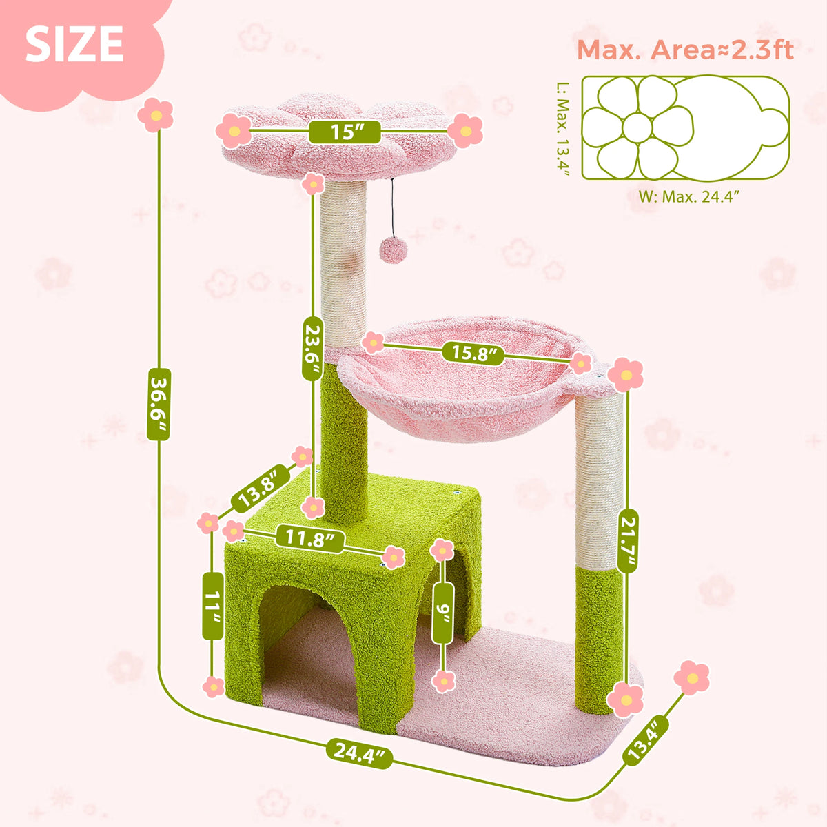 Petepela Flower Cat Tower With Metal Frame Hammock And Sisal Posts