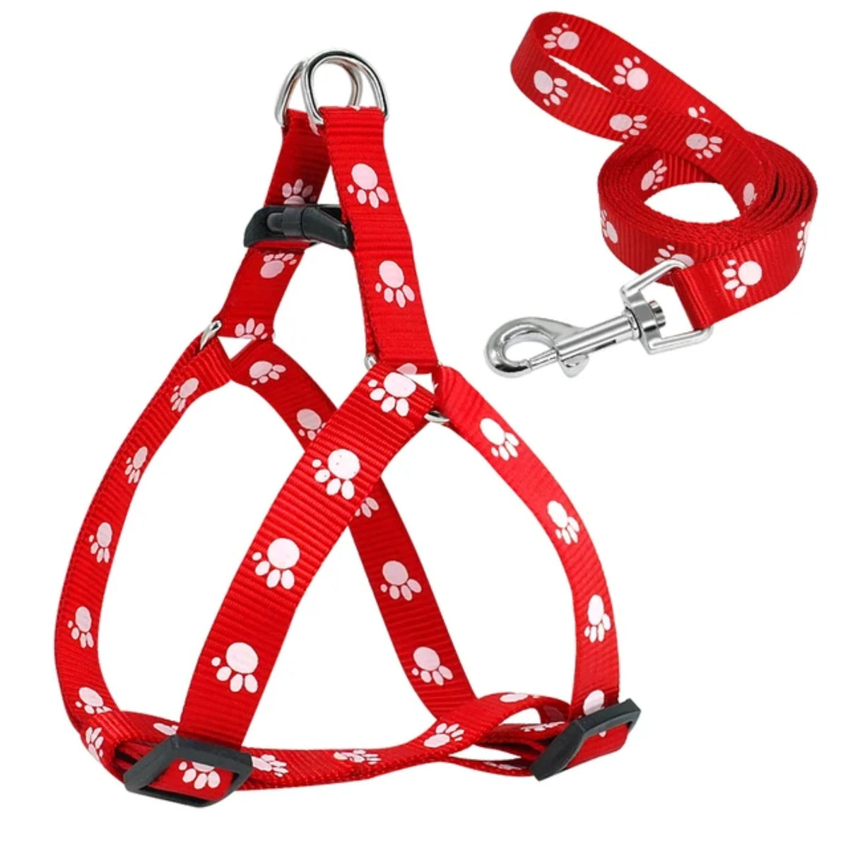 Adjustable Nylon Dog Harness And Leash Set With Paw Print