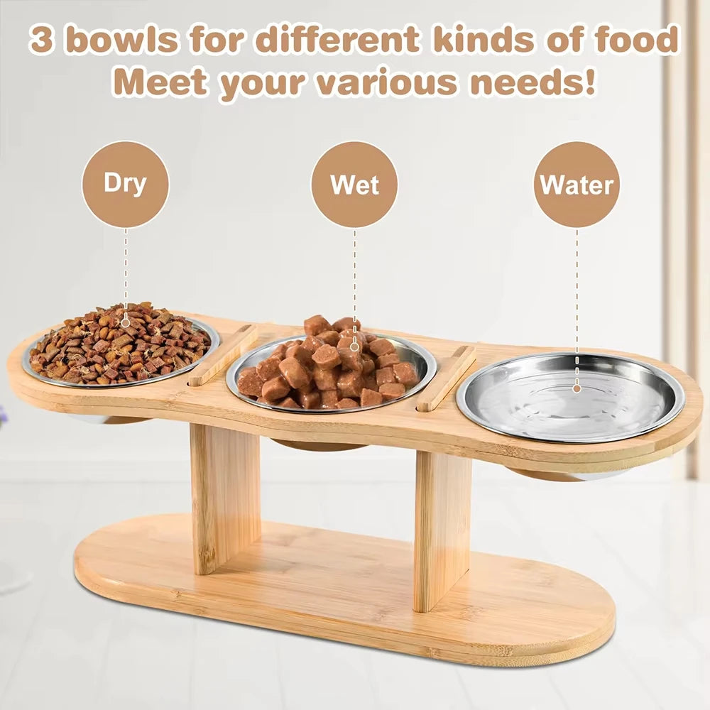 Raised Cat Feeder With Three Stainless Steel Bowls And Silicone Mat