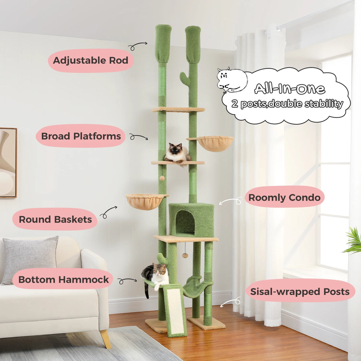 Pequlti Adjustable Height Cat Tower With Sisal Post And Hammock