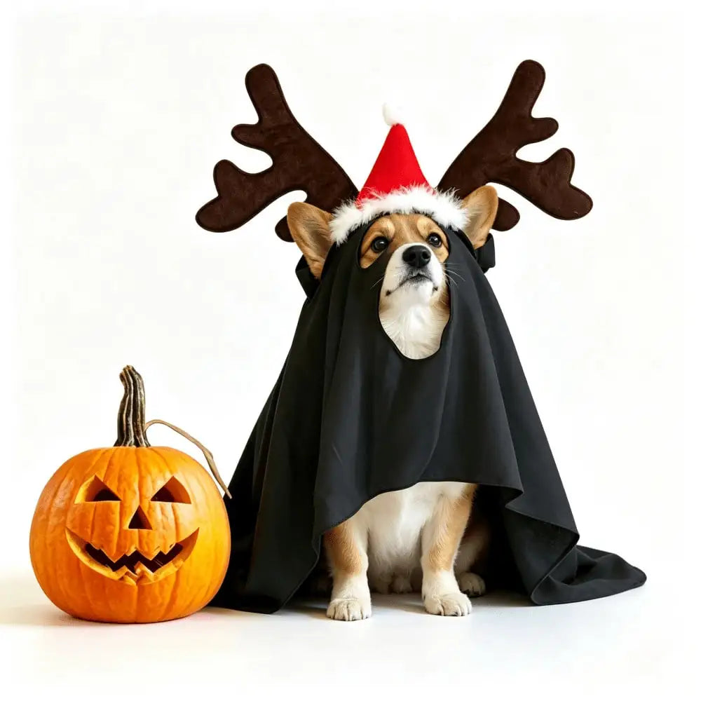 Halloween Ghost Pet Cape And Reindeer Antlers Costume Set